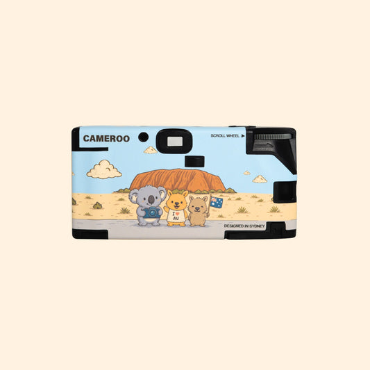 Back view of Australia themed disposable camera featuring Aussie animals and Uluru