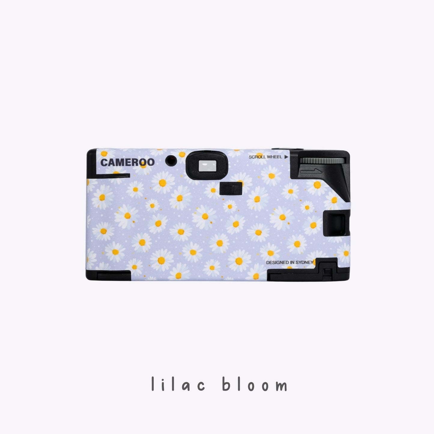 Back view of Daisy Bloom purple disposable camera featuring white daisy floral design