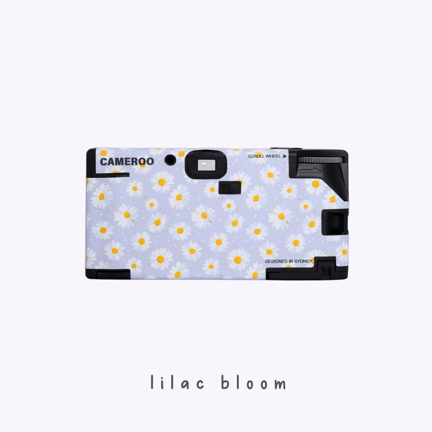 Back view of Daisy Bloom purple disposable camera featuring white daisy floral design