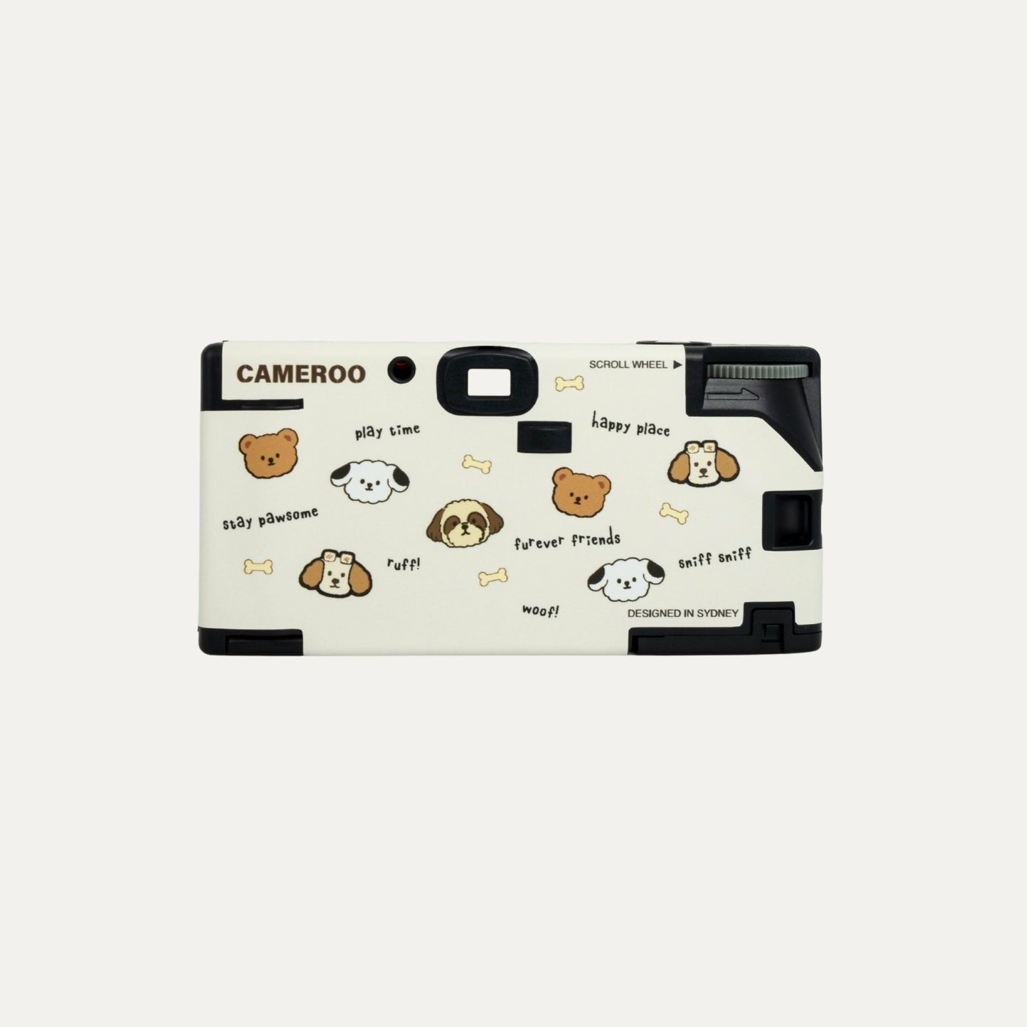 Back view of dog themed disposable camera featuring cute puppy illustrations by Cameroo