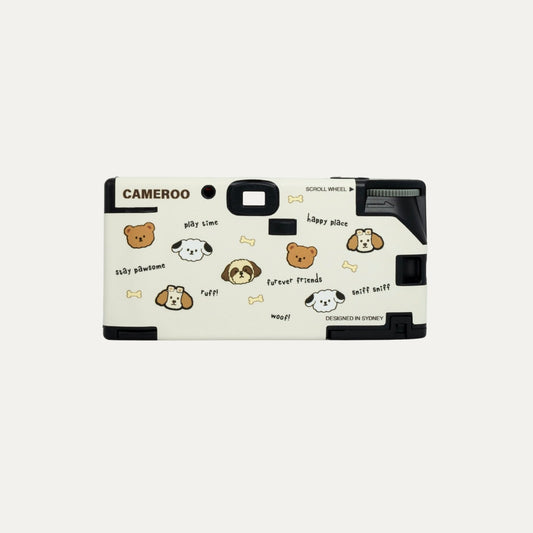 Back view of dog themed disposable camera featuring cute puppy illustrations by Cameroo