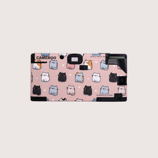 Back view of Kitty Crush disposable camera featuring cute kitty illustrations by Cameroo