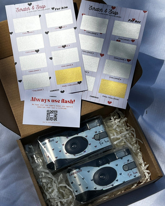 Cameroo Valentines GIft Idea, disposable camera featuring hearts, with scratch cards, photo challenges, for couple, loved ones.