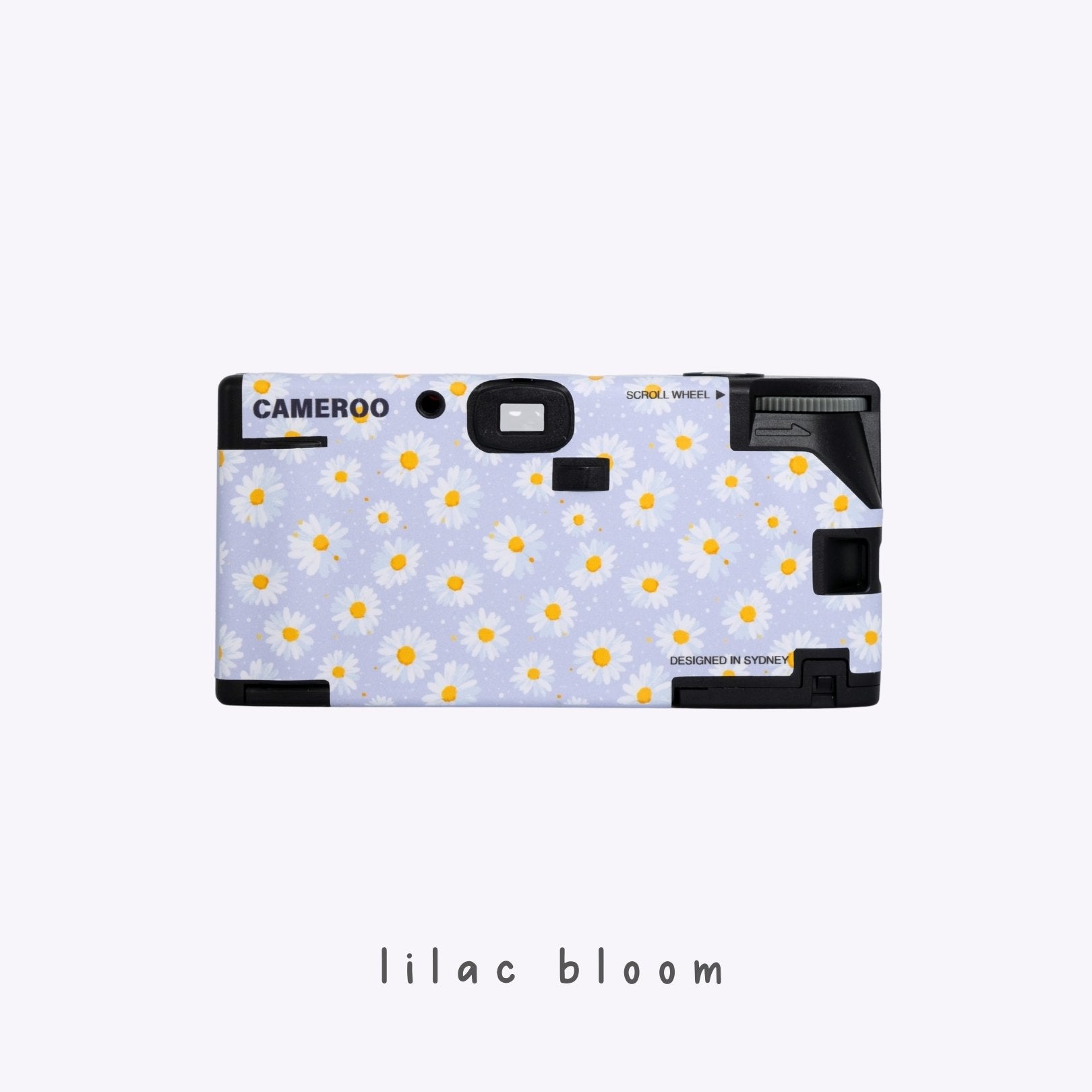 Back view of Daisy Bloom purple disposable camera featuring white daisy floral design