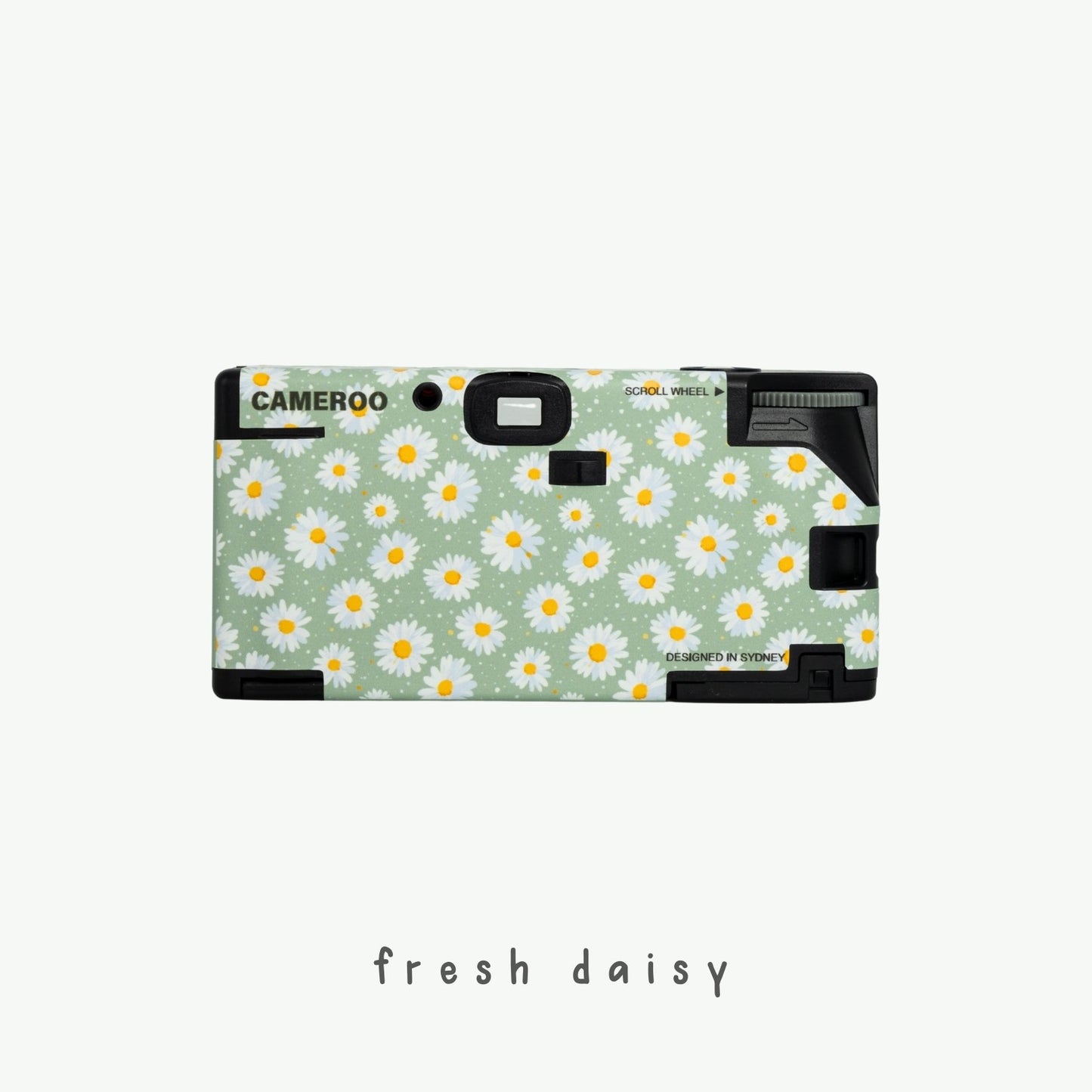 Back view of Daisy Bloom green disposable camera featuring white daisy floral design
