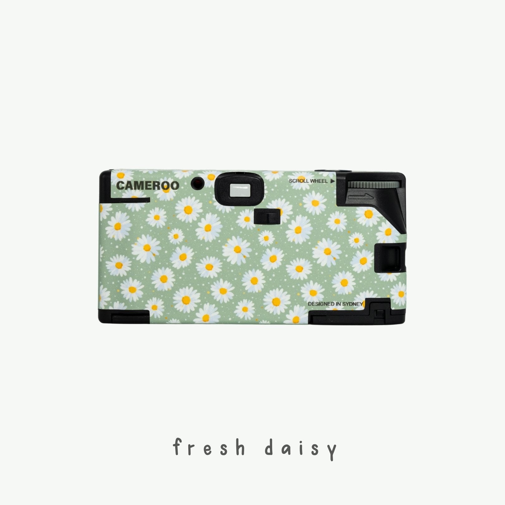Back view of Daisy Bloom green disposable camera featuring white daisy floral design