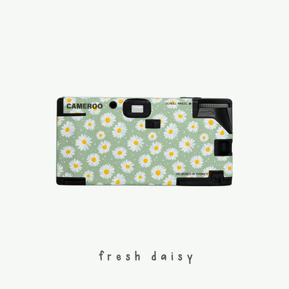 Back view of Daisy Bloom green disposable camera featuring white daisy floral design