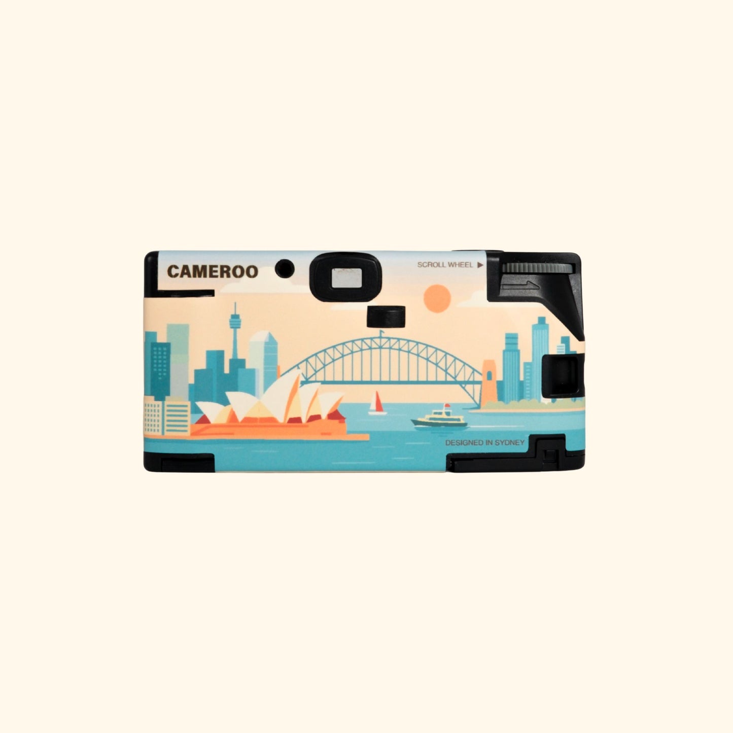 Back view of Sydney themed disposable camera with Opera House and Harbour Bridge design